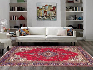 handmade Medallion, Traditional Tabriz Red Blue Hand Knotted RECTANGLE 100% WOOL area rug 7x9